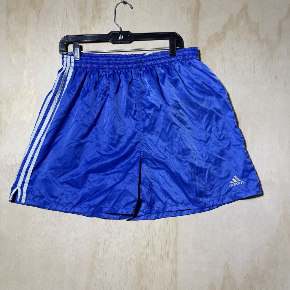 Vintage Adidas Men XL Blue Nylon Soccer Shorts 3 Stripe 90s Y2K Athletic